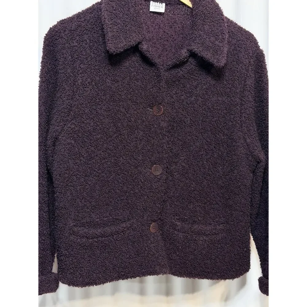 Eileen Fisher Eggplant Purple Wool Bouclé Jacket Petite SZ L Heritage Knit
